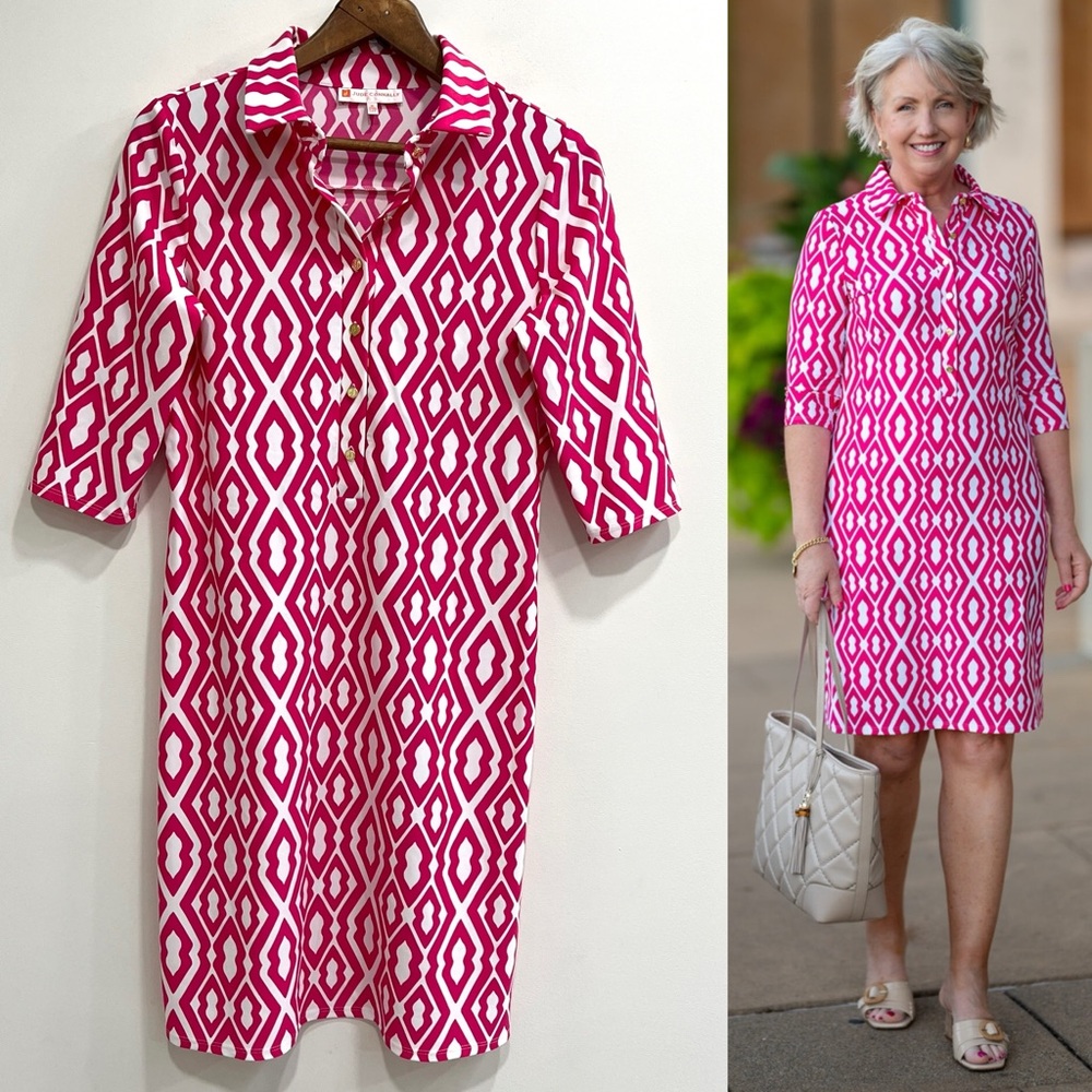 Jude Connally Pink and White Geometric Dress